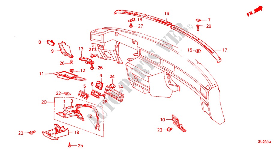 INSTRUMENTEN AFWERKING (B,BP,D,F,G,S,W,X) voor Honda QUINTET EX 5 deuren 3-traps automatische versnellingsbak 1983