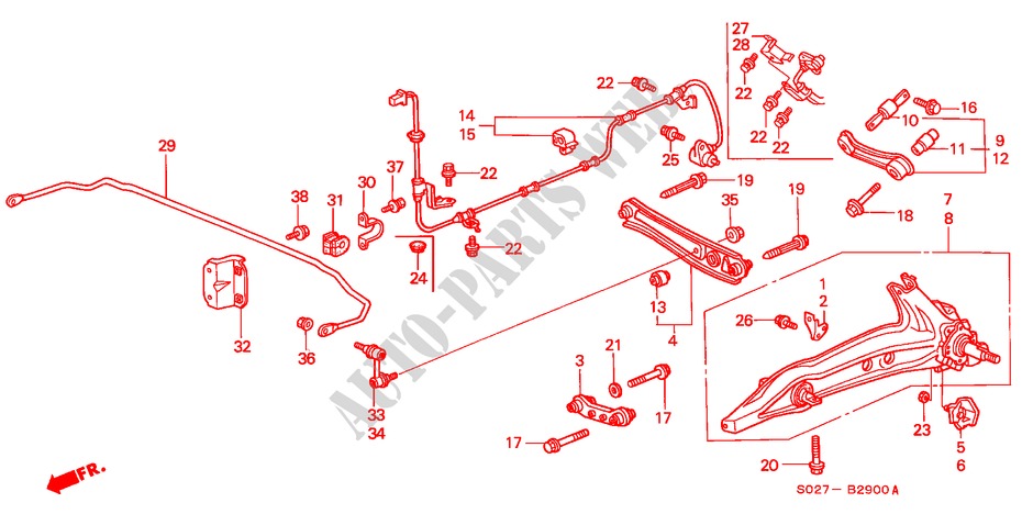 ACHTER ONDER ARM voor Honda CIVIC COUPE 1.6ILS 2 deuren 5-versnellings handgeschakelde versnellingsbak 2000