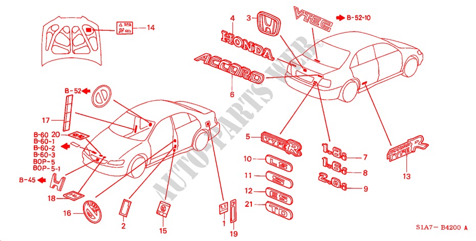 EMBLEMEN/WAARSCHUWINGSLABELS voor Honda ACCORD 1.8LS 4 deuren 4-traps automatische versnellingsbak 1999