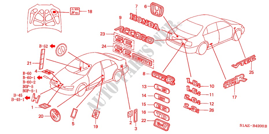 EMBLEMEN voor Honda ACCORD 1.6ILS 4 deuren 5-versnellings handgeschakelde versnellingsbak 2000