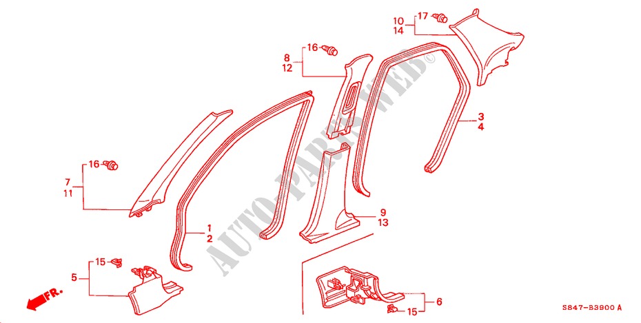 PILAAR AFWERKING(LH) voor Honda ACCORD 2.3VTI 4 deuren 4-traps automatische versnellingsbak 2000