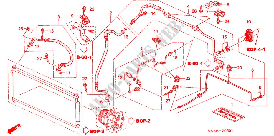 AIRCONDITIONER (SLANGEN/PIJPEN)(RH) voor Honda JAZZ 1.2 E 5 deuren 5-versnellings handgeschakelde versnellingsbak 2005