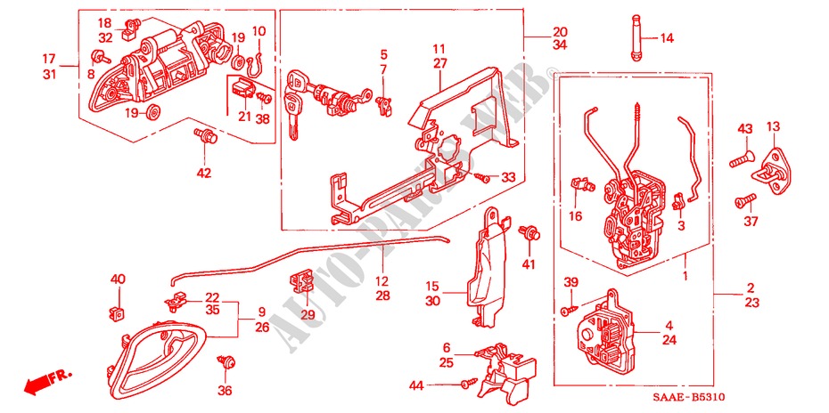 VOOR PORTIER SLOTEN/ BUITEN HENDEL(1) voor Honda JAZZ 1.2 LS 5 deuren 5-versnellings handgeschakelde versnellingsbak 2005