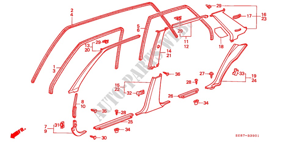 OPENING AFWERKING(4DE) voor Honda ACCORD EX-2.0I 4 deuren 4-traps automatische versnellingsbak 1989