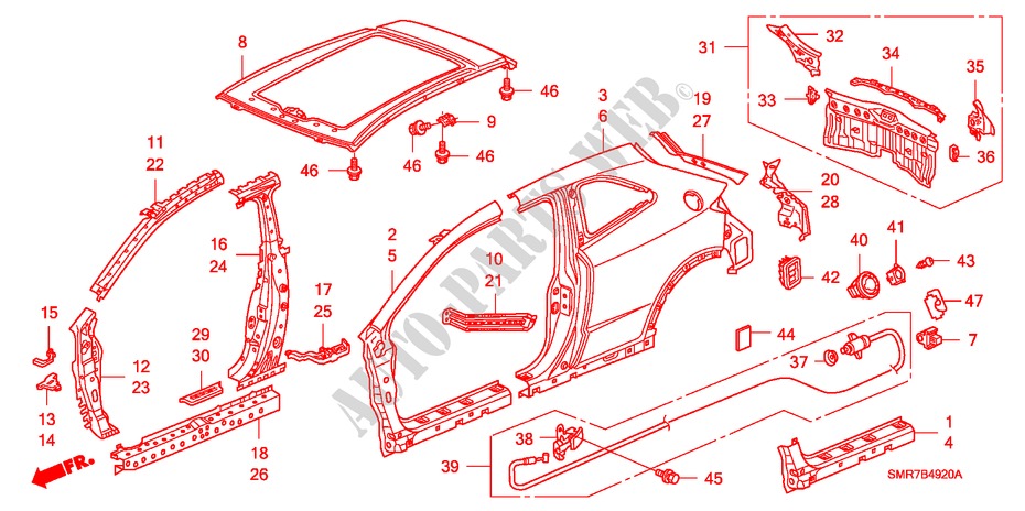 BUITEN PANELEN/ACHTER PANEEL voor Honda CIVIC 2.0 TYPE R 3 deuren 6-versnellings handgeschakelde versnellingsbak 2007