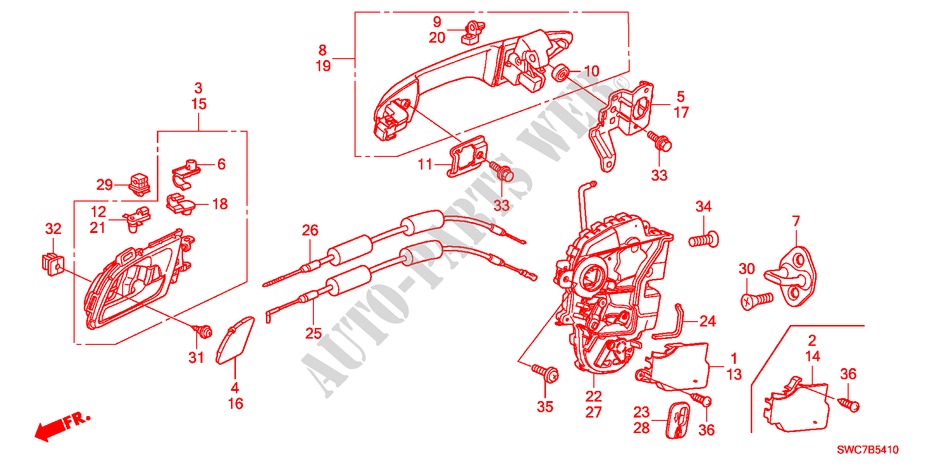 ACHTER PORTIER SLOTEN/BUITEN HENDEL(1) voor Honda CR-V ELEGANCE 5 deuren 6-versnellings handgeschakelde versnellingsbak 2011