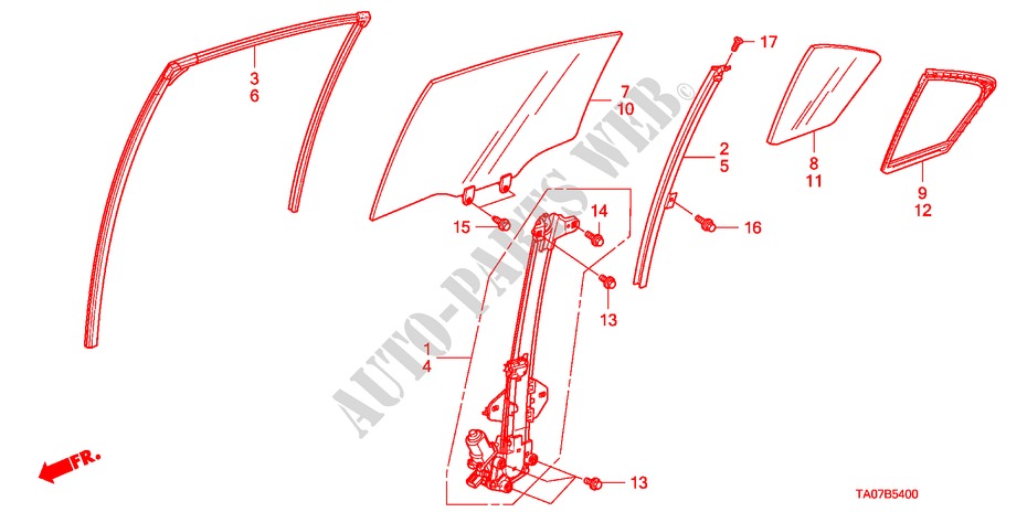 ACHTER PORTIER GLAS/REGELAAR voor Honda ACCORD 3.5 LX 4 deuren 5-traps automatische versnellingsbak 2011