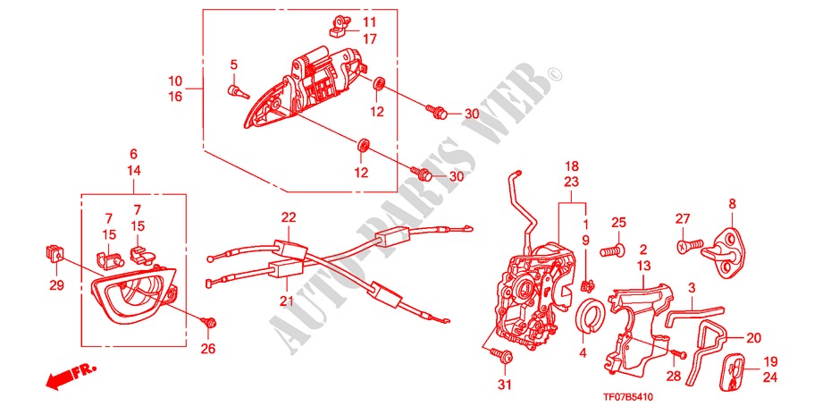 ACHTER PORTIER SLOT/ BUITEN HENDEL(1) voor Honda JAZZ 1.2 LSRE TEMP TIRE 5 deuren 5-versnellings handgeschakelde versnellingsbak 2009