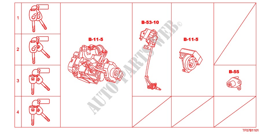 SLEUTEL CILINDER SET(LH) voor Honda JAZZ 1.4 LS 5 deuren 5-versnellings handgeschakelde versnellingsbak 2009