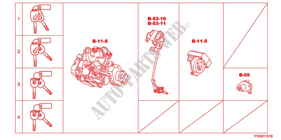 SLEUTEL CILINDER SET(LH) voor Honda JAZZ 1.5 EXE 5 deuren 5-versnellings handgeschakelde versnellingsbak 2010