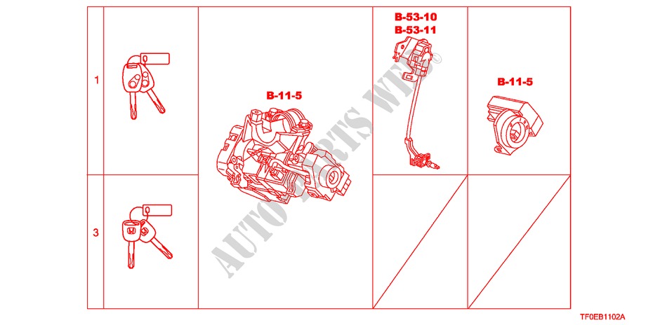 SLEUTEL CILINDER SET(RH) voor Honda JAZZ 1.4 ES 5 deuren 5-versnellings handgeschakelde versnellingsbak 2010
