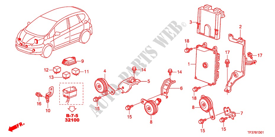 BEDIENINGSEENNEID(MOTORRUIMTE)(RH) voor Honda JAZZ 1.3LX 5 deuren 5-versnellings handgeschakelde versnellingsbak 2011