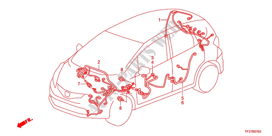 BEDRADINGSBUNDEL(RH)(2) voor Honda JAZZ 1.3LX 5 deuren 5-versnellings handgeschakelde versnellingsbak 2011