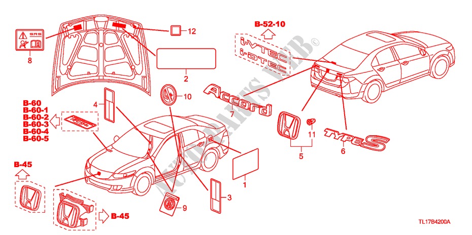 EMBLEMEN/WAARSCHUWINGSLABELS voor Honda ACCORD 2.2 EX 4 deuren 5-traps automatische versnellingsbak 2009