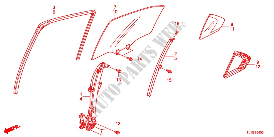 ACHTER PORTIER GLAS/REGELAAR voor Honda ACCORD 2.0 EXECUTIVE 4 deuren 6-versnellings handgeschakelde versnellingsbak 2012