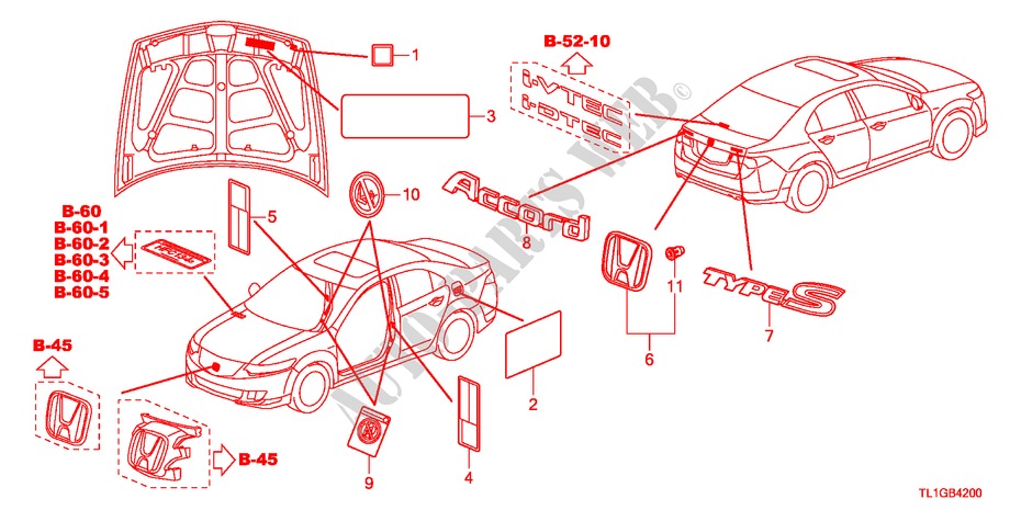 EMBLEMEN/WAARSCHUWINGSLABELS voor Honda ACCORD 2.4 TYPE S 4 deuren 6-versnellings handgeschakelde versnellingsbak 2012
