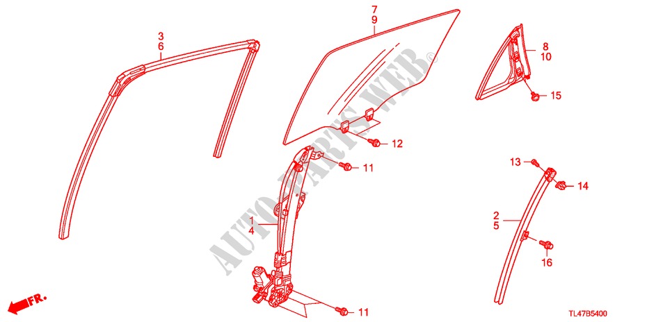 ACHTER PORTIER GLAS/REGELAAR voor Honda ACCORD TOURER 2.0 S 5 deuren 6-versnellings handgeschakelde versnellingsbak 2009