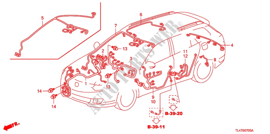 BEDRADINGSBUNDEL(3) (RH) voor Honda ACCORD TOURER 2.2 ES-GT 5 deuren 6-versnellings handgeschakelde versnellingsbak 2009