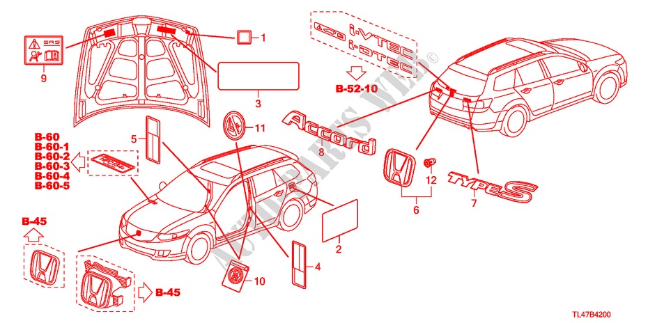 EMBLEMEN/WAARSCHUWINGSLABELS voor Honda ACCORD TOURER 2.4 EX 5 deuren 5-traps automatische versnellingsbak 2009