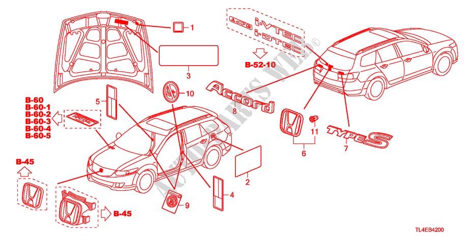 EMBLEMEN/WAARSCHUWINGSLABELS voor Honda ACCORD TOURER 2.4 EXECUTIVE 5 deuren 5-traps automatische versnellingsbak 2010