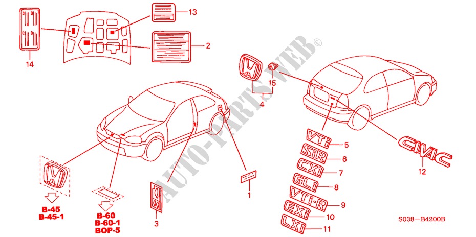 EMBLEMEN voor Honda CIVIC SIR 3 deuren 4-traps automatische versnellingsbak 2000