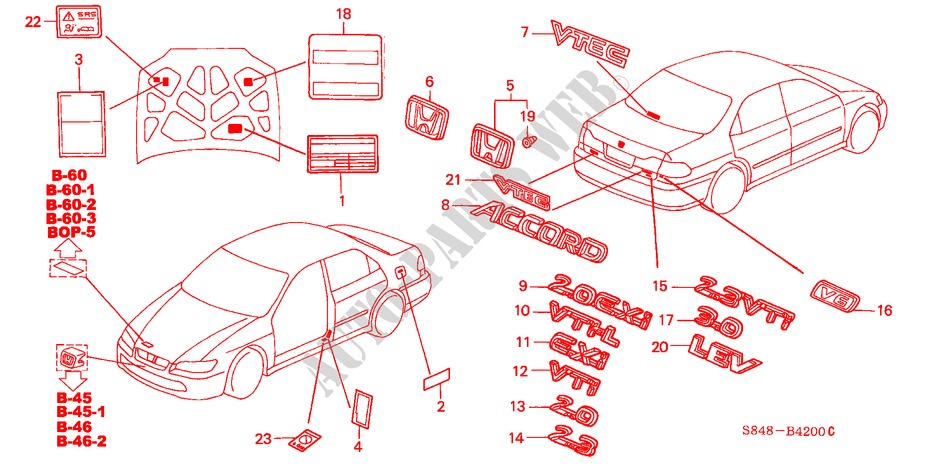 EMBLEMEN/WAARSCHUWINGSLABELS voor Honda ACCORD 2.3VTI 4 deuren 4-traps automatische versnellingsbak 2000