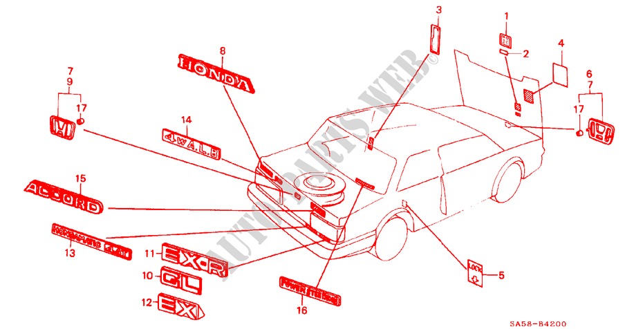 EMBLEMEN voor Honda ACCORD EX 3 deuren 5-versnellings handgeschakelde versnellingsbak 1985