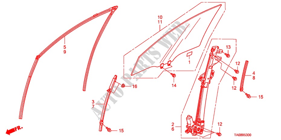 VOORPORTIER GLAS/REGELAAR voor Honda ACCORD 2.0EX 4 deuren 5-versnellings handgeschakelde versnellingsbak 2010