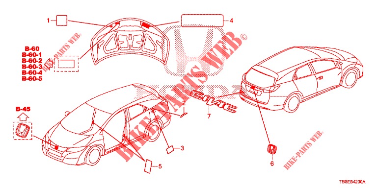 EMBLEMEN/WAARSCHUWINGSLABELS  voor Honda CIVIC TOURER DIESEL 1.6 EX 5 deuren 6-versnellings handgeschakelde versnellingsbak 2015